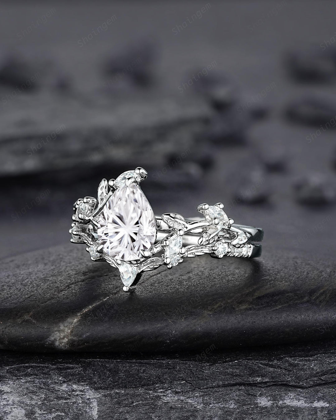 Vintage Pear Shape Fireworks Cut Moissanite Leaf Engagement Ring Unique White Gold Twig Branch Vine Wedding Set Nature Inspired Promise Ring - ShainJewelry