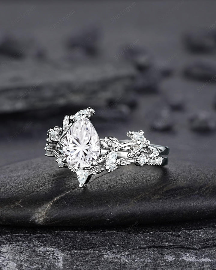 Vintage Pear Shape Fireworks Cut Moissanite Leaf Engagement Ring Unique White Gold Twig Branch Vine Wedding Set Nature Inspired Promise Ring - ShainJewelry