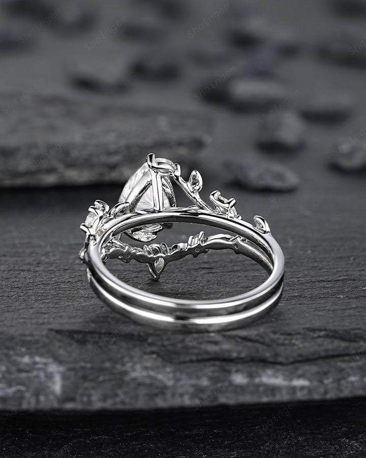 Vintage Pear Shape Fireworks Cut Moissanite Leaf Engagement Ring Unique White Gold Twig Branch Vine Wedding Set Nature Inspired Promise Ring - ShainJewelry