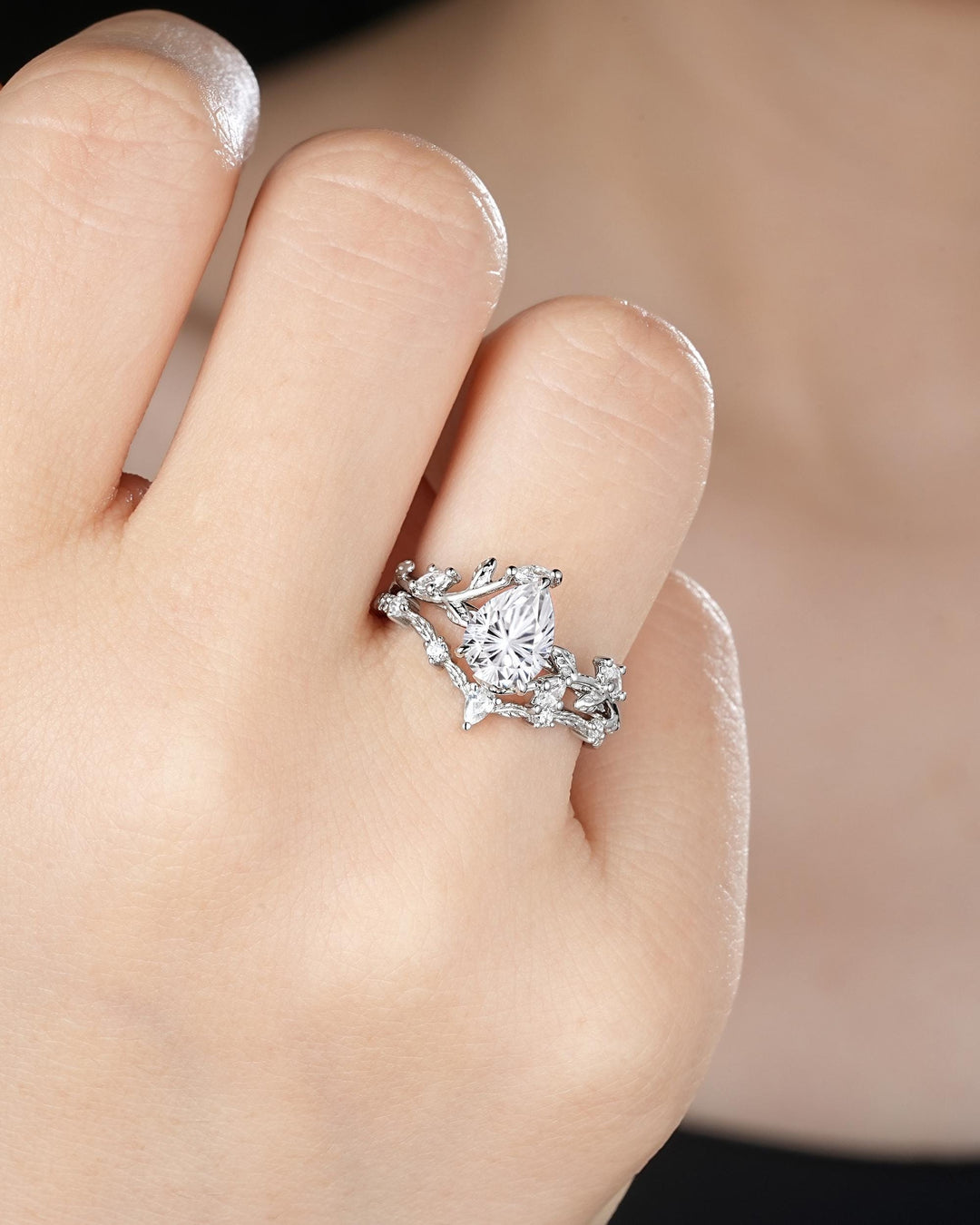 Vintage Pear Shape Fireworks Cut Moissanite Leaf Engagement Ring Unique White Gold Twig Branch Vine Wedding Set Nature Inspired Promise Ring - ShainJewelry