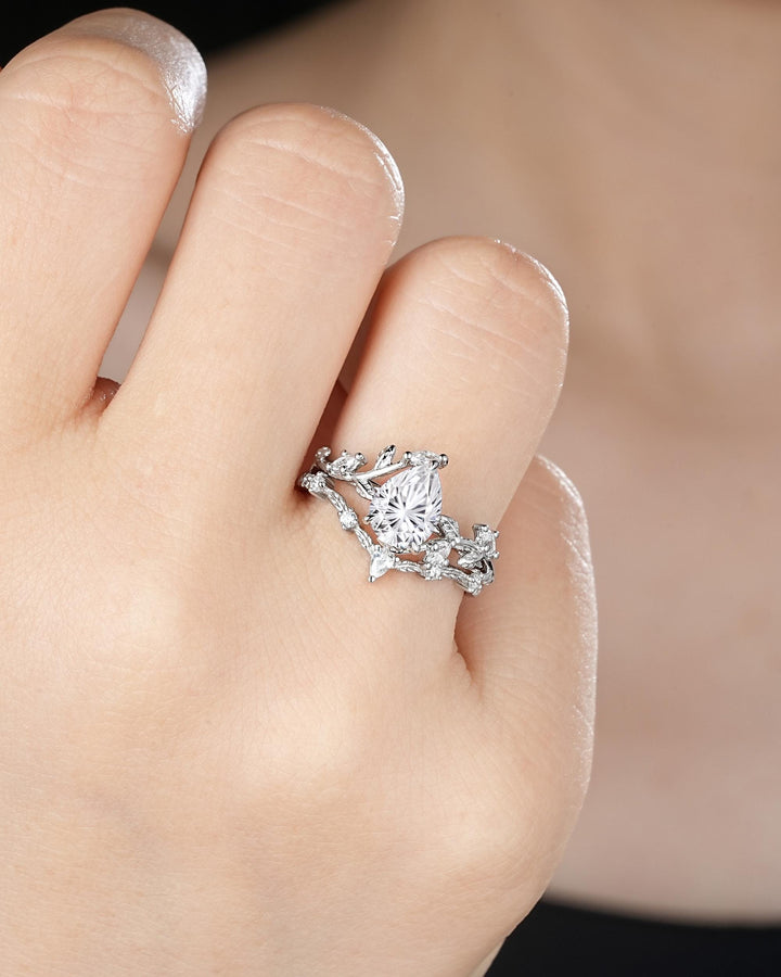 Vintage Pear Shape Fireworks Cut Moissanite Leaf Engagement Ring Unique White Gold Twig Branch Vine Wedding Set Nature Inspired Promise Ring - ShainJewelry