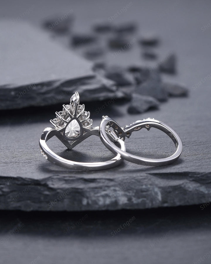 Platinum Pear Shape Fireworks Cut Moissanite and Diamond Engagement Ring White Gold Halo Wedding Ring Bridal Set V Shape Curved Promise Ring - ShainJewelry
