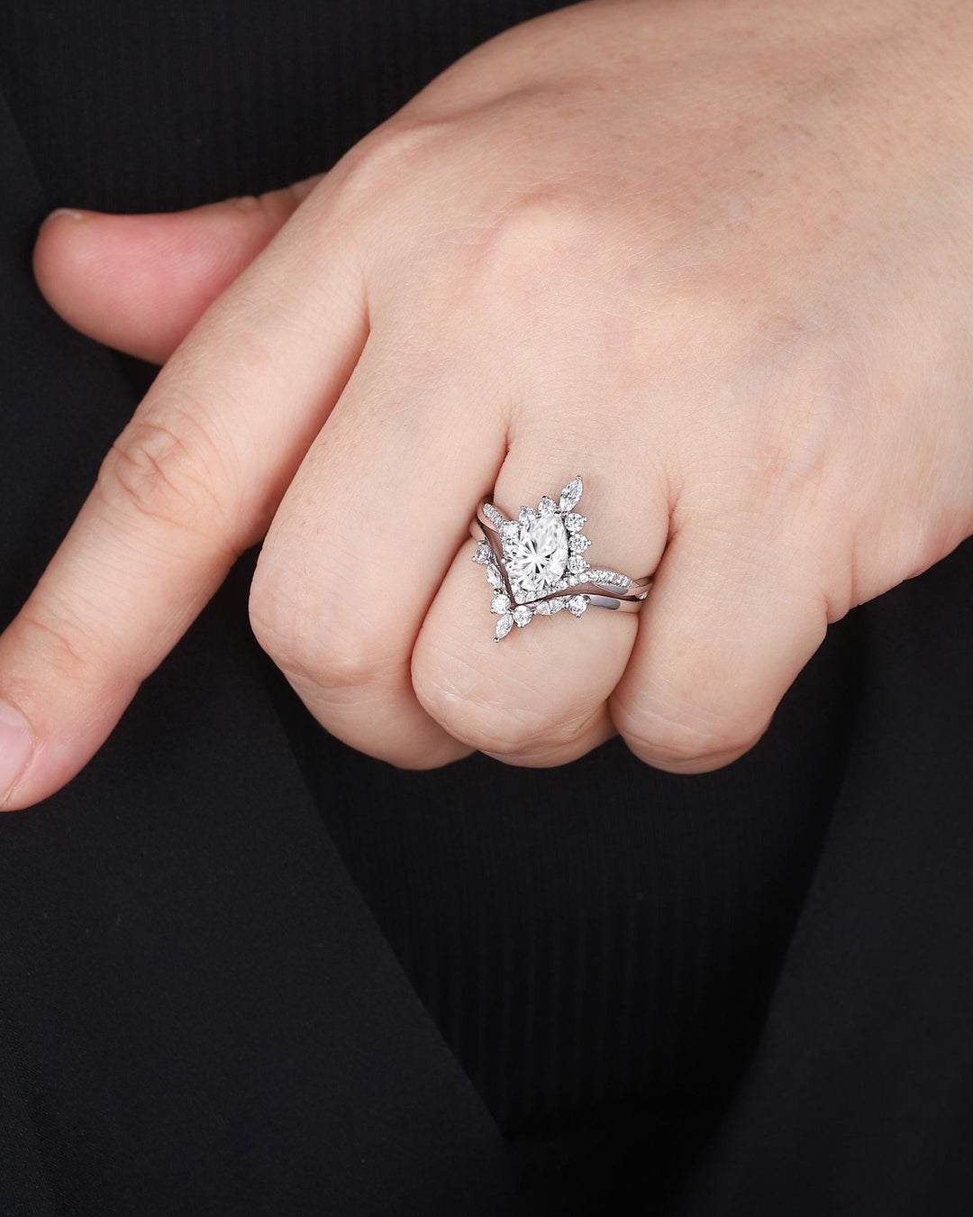 Platinum Pear Shape Fireworks Cut Moissanite and Diamond Engagement Ring White Gold Halo Wedding Ring Bridal Set V Shape Curved Promise Ring - ShainJewelry