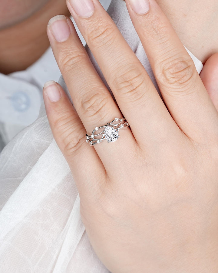 Platinum Pear Shape Fireworks Cut Moissanite Engagement Ring Unique White Gold Twig Branch Vine Wedding Set Nature Inspired Promise Ring - ShainJewelry