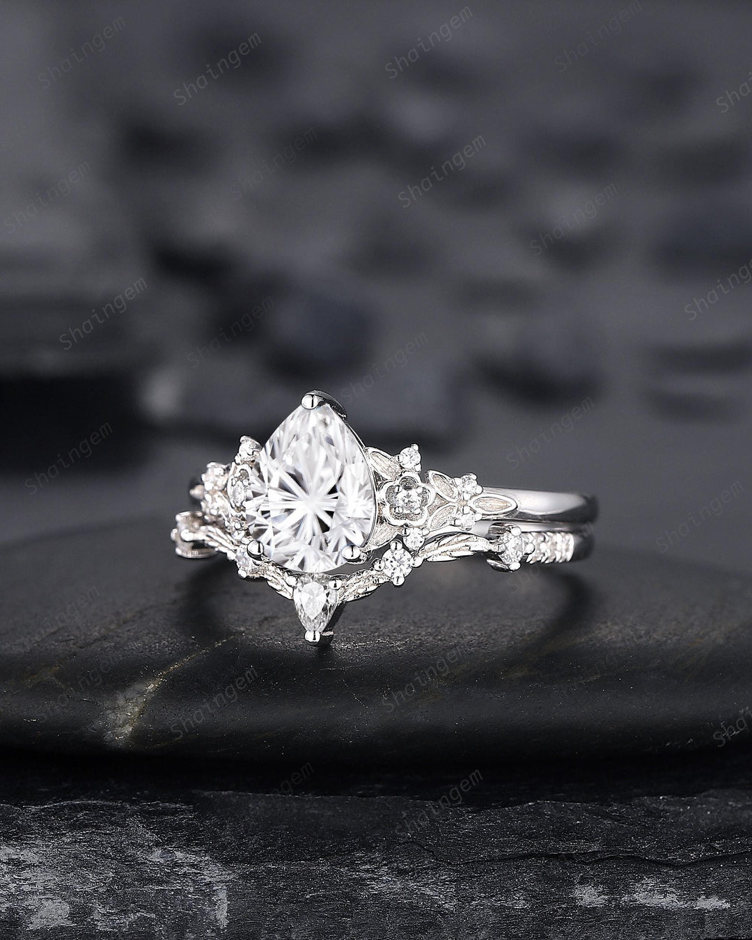 Platinum Pear Cut Fireworks Cut Moissanite Floral Engagement Ring, Unique White Gold Twig Branch Vine Nature Inspired Promise Wedding Ring - ShainJewelry