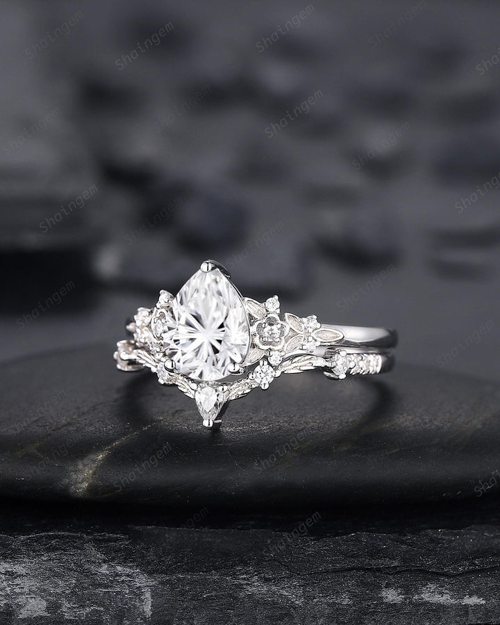 Platinum Pear Cut Fireworks Cut Moissanite Floral Engagement Ring, Unique White Gold Twig Branch Vine Nature Inspired Promise Wedding Ring - ShainJewelry