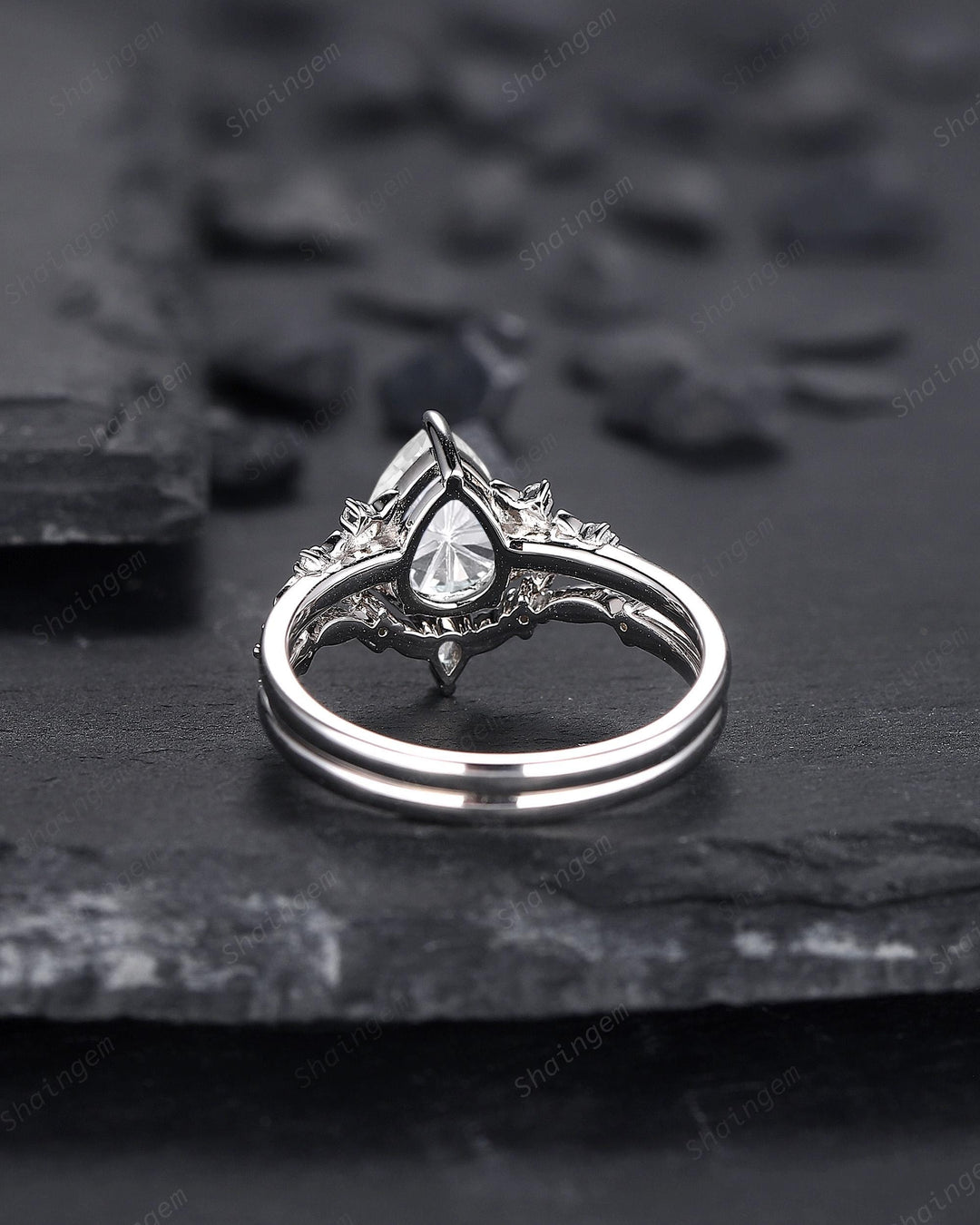 Platinum Pear Cut Fireworks Cut Moissanite Floral Engagement Ring, Unique White Gold Twig Branch Vine Nature Inspired Promise Wedding Ring - ShainJewelry