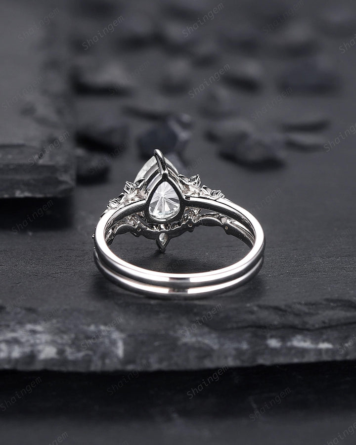 Platinum Pear Cut Fireworks Cut Moissanite Floral Engagement Ring, Unique White Gold Twig Branch Vine Nature Inspired Promise Wedding Ring - ShainJewelry