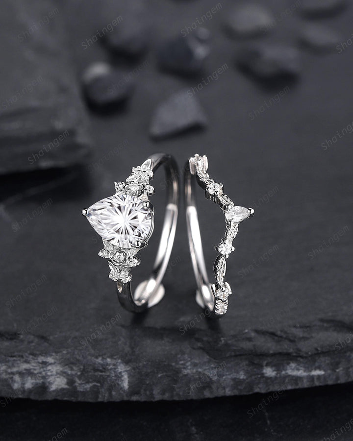 Platinum Pear Cut Fireworks Cut Moissanite Floral Engagement Ring, Unique White Gold Twig Branch Vine Nature Inspired Promise Wedding Ring - ShainJewelry