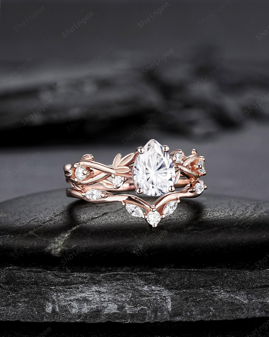 Nature Inspired Pear Shape Fireworks Cut Moissanite Leaf Engagement Ring, Unique Rose Gold Twig Branch Vine Promise Wedding Ring for Women - ShainJewelry