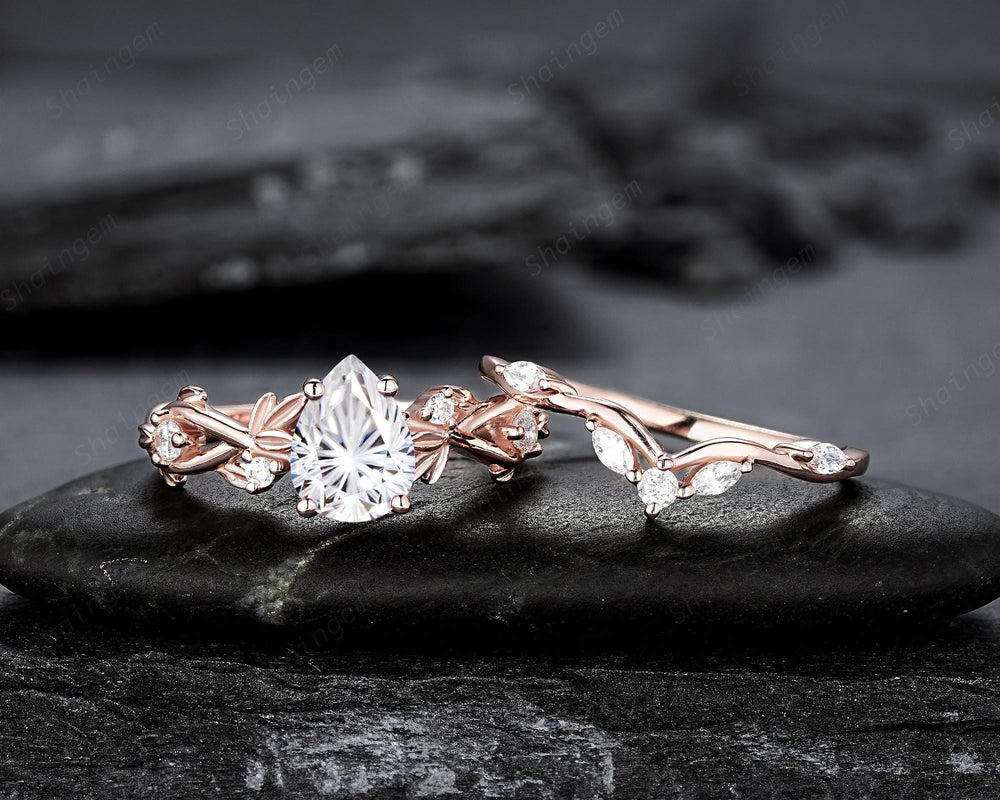 Nature Inspired Pear Shape Fireworks Cut Moissanite Leaf Engagement Ring, Unique Rose Gold Twig Branch Vine Promise Wedding Ring for Women - ShainJewelry