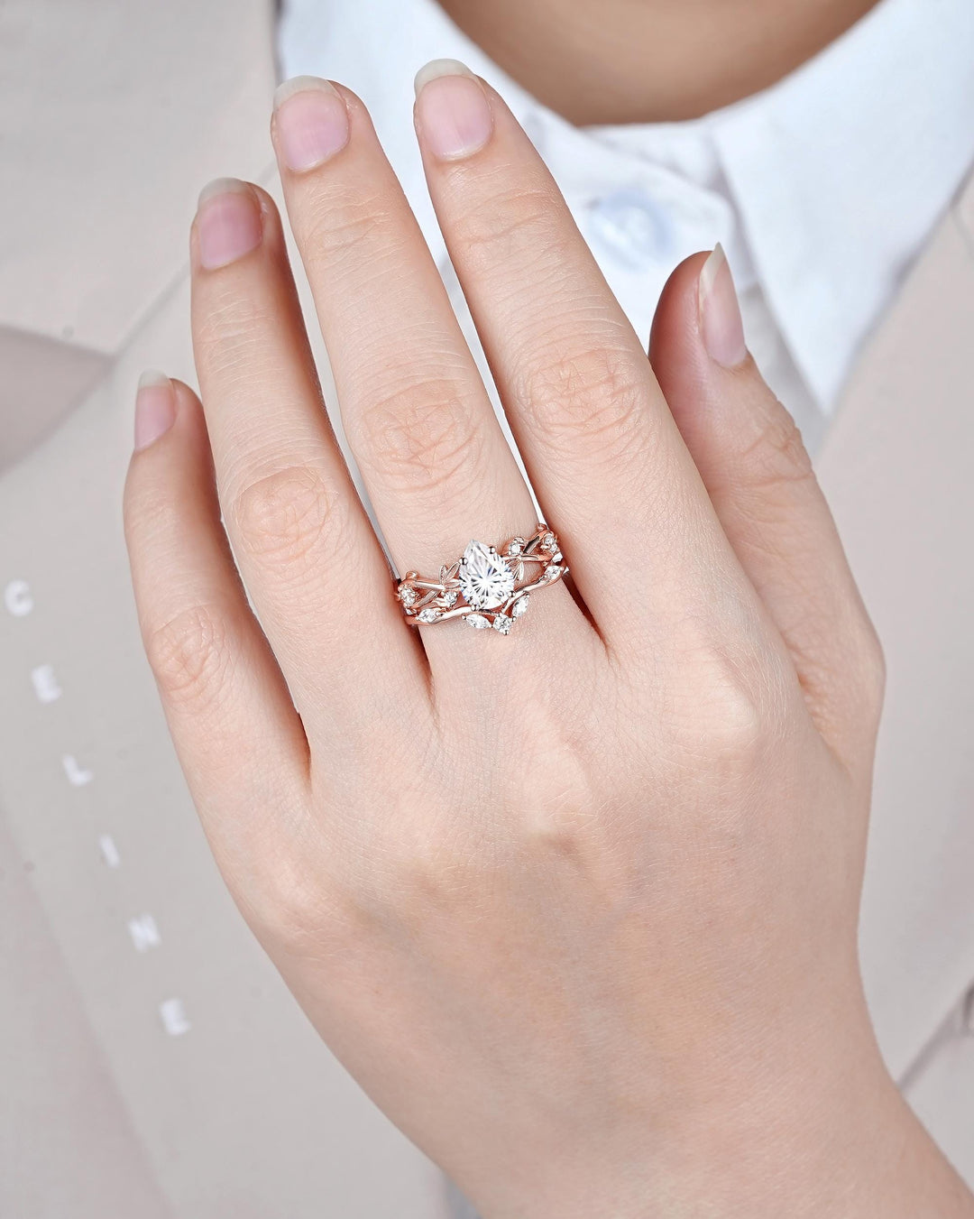Nature Inspired Pear Shape Fireworks Cut Moissanite Leaf Engagement Ring, Unique Rose Gold Twig Branch Vine Promise Wedding Ring for Women - ShainJewelry