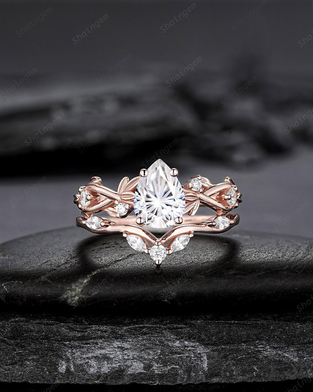 Nature Inspired Pear Shape Fireworks Cut Moissanite Leaf Engagement Ring, Unique Rose Gold Twig Branch Vine Promise Wedding Ring for Women - ShainJewelry