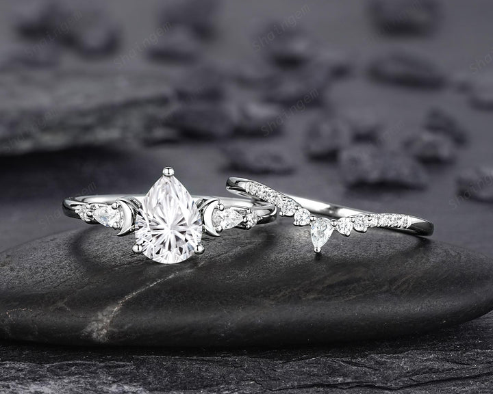 Platinum Pear Shape Fireworks Cut Moissanite Crescent Engagement Ring, Unique White Gold Moon Nature Inspired Promise Wedding Ring for Woman - ShainJewelry