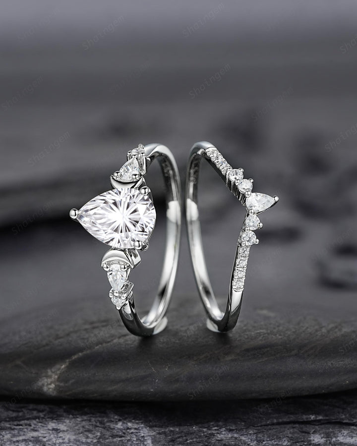 Platinum Pear Shape Fireworks Cut Moissanite Crescent Engagement Ring, Unique White Gold Moon Nature Inspired Promise Wedding Ring for Woman - ShainJewelry