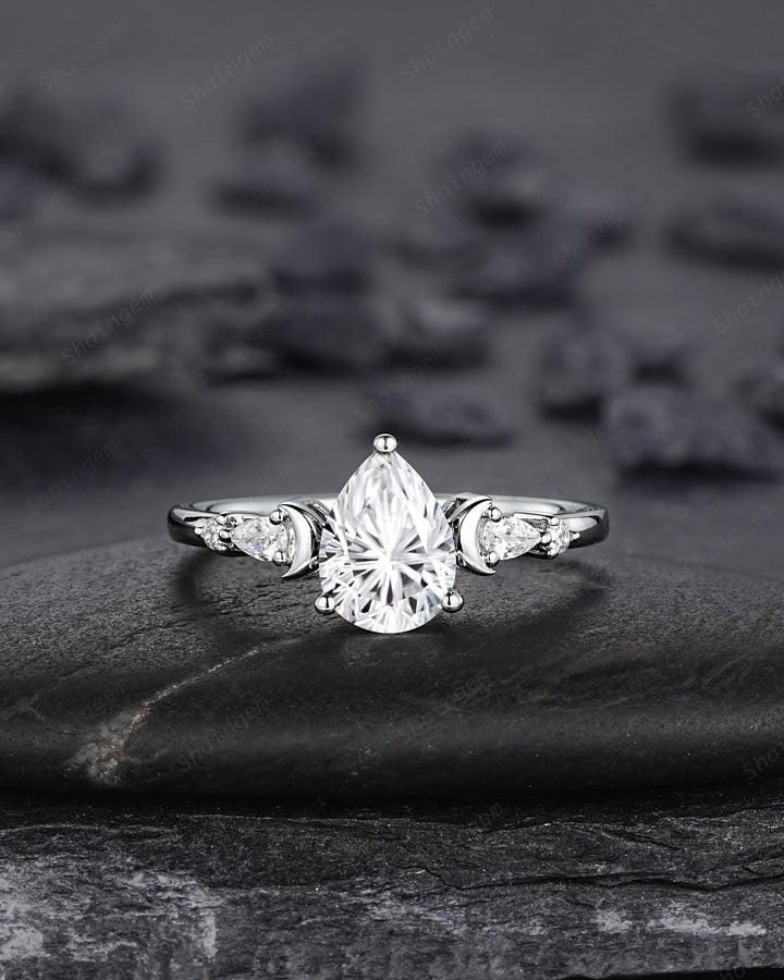 Platinum Pear Shape Fireworks Cut Moissanite Crescent Engagement Ring, Unique White Gold Moon Nature Inspired Promise Wedding Ring for Woman - ShainJewelry