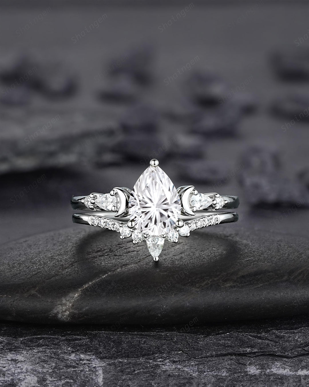 Platinum Pear Shape Fireworks Cut Moissanite Crescent Engagement Ring, Unique White Gold Moon Nature Inspired Promise Wedding Ring for Woman - ShainJewelry