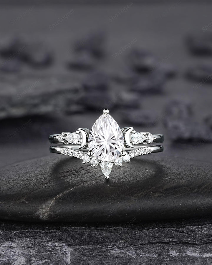 Platinum Pear Shape Fireworks Cut Moissanite Crescent Engagement Ring, Unique White Gold Moon Nature Inspired Promise Wedding Ring for Woman - ShainJewelry