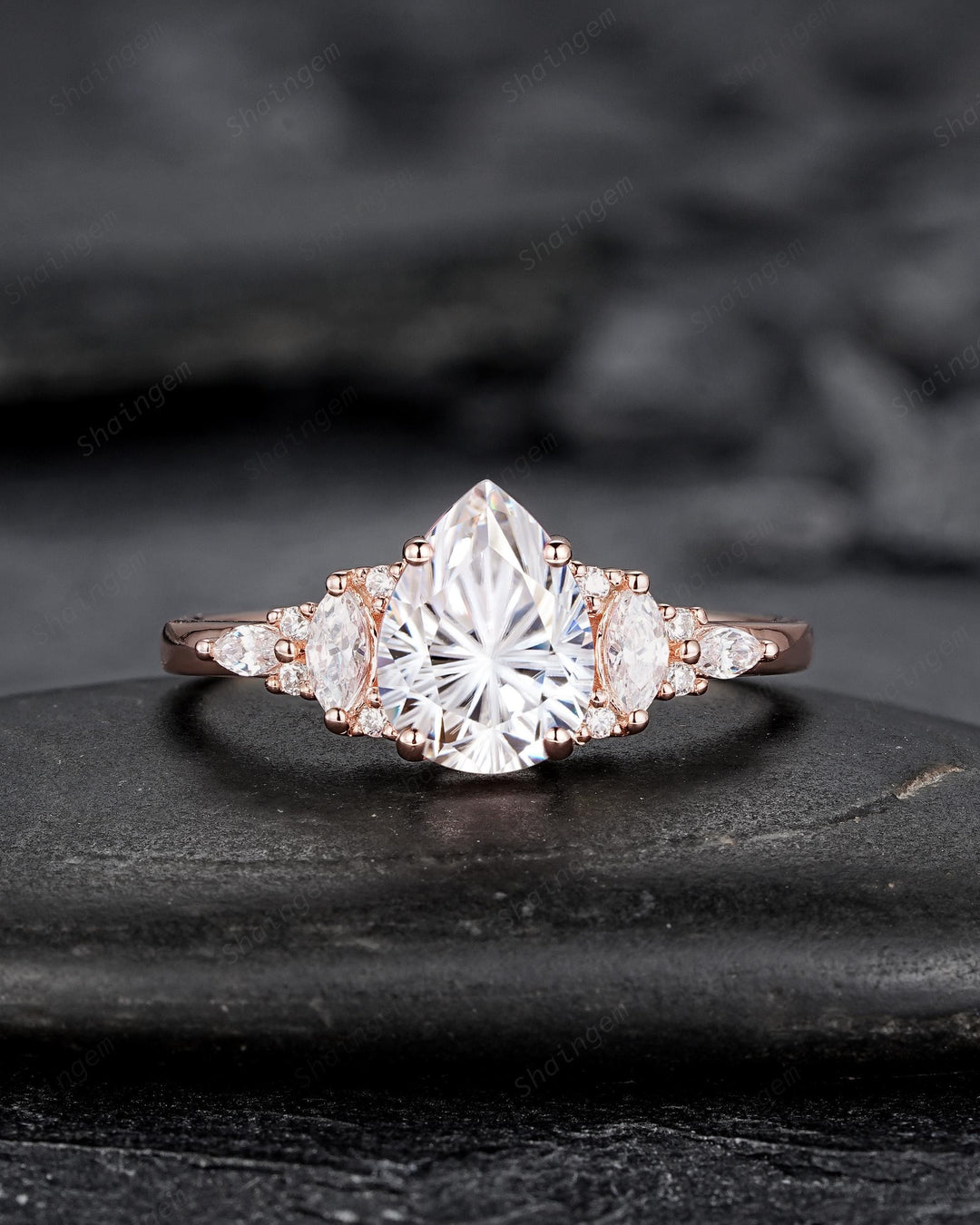 Unique Pear Shape Fireworks Cut Moissanite and Diamond Engagement Ring Rose Gold Wedding Ring Bridal Set V Shape Curved Promise Ring for her - ShainJewelry