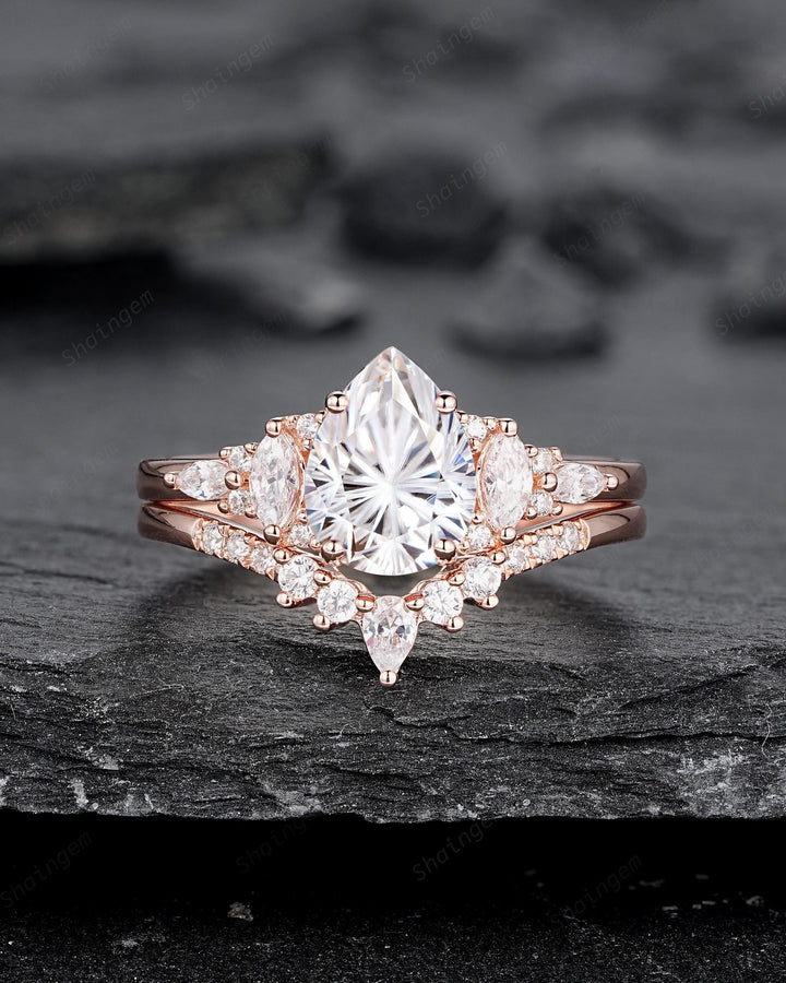 Unique Pear Shape Fireworks Cut Moissanite and Diamond Engagement Ring Rose Gold Wedding Ring Bridal Set V Shape Curved Promise Ring for her - ShainJewelry