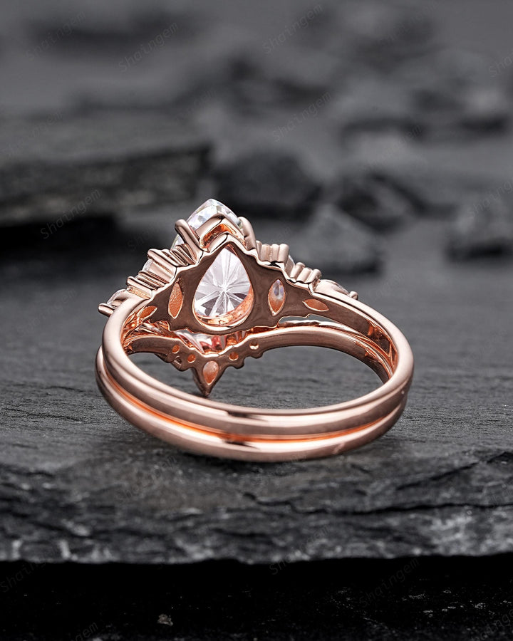 Unique Pear Shape Fireworks Cut Moissanite and Diamond Engagement Ring Rose Gold Wedding Ring Bridal Set V Shape Curved Promise Ring for her - ShainJewelry
