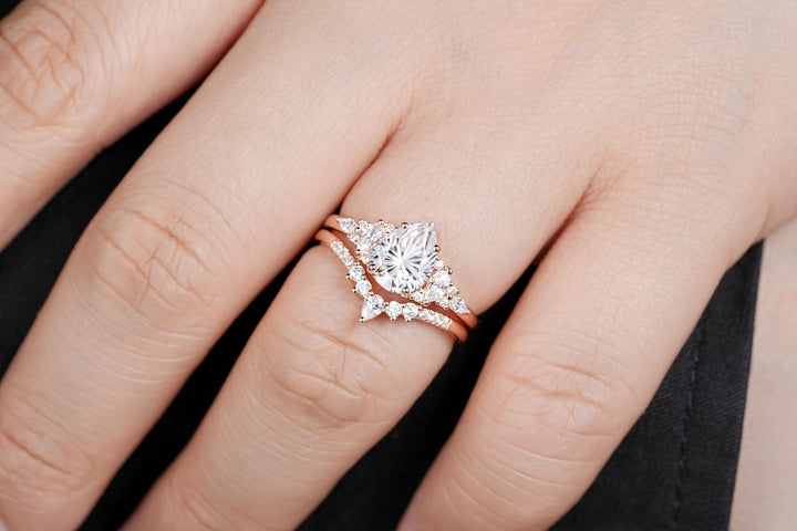 Unique Pear Shape Fireworks Cut Moissanite and Diamond Engagement Ring Rose Gold Wedding Ring Bridal Set V Shape Curved Promise Ring for her - ShainJewelry
