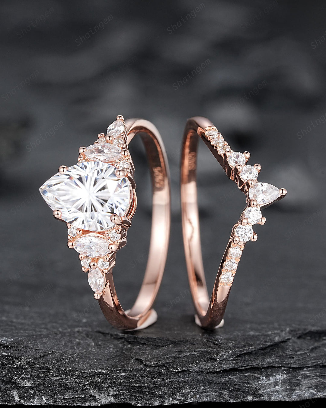 Unique Pear Shape Fireworks Cut Moissanite and Diamond Engagement Ring Rose Gold Wedding Ring Bridal Set V Shape Curved Promise Ring for her - ShainJewelry