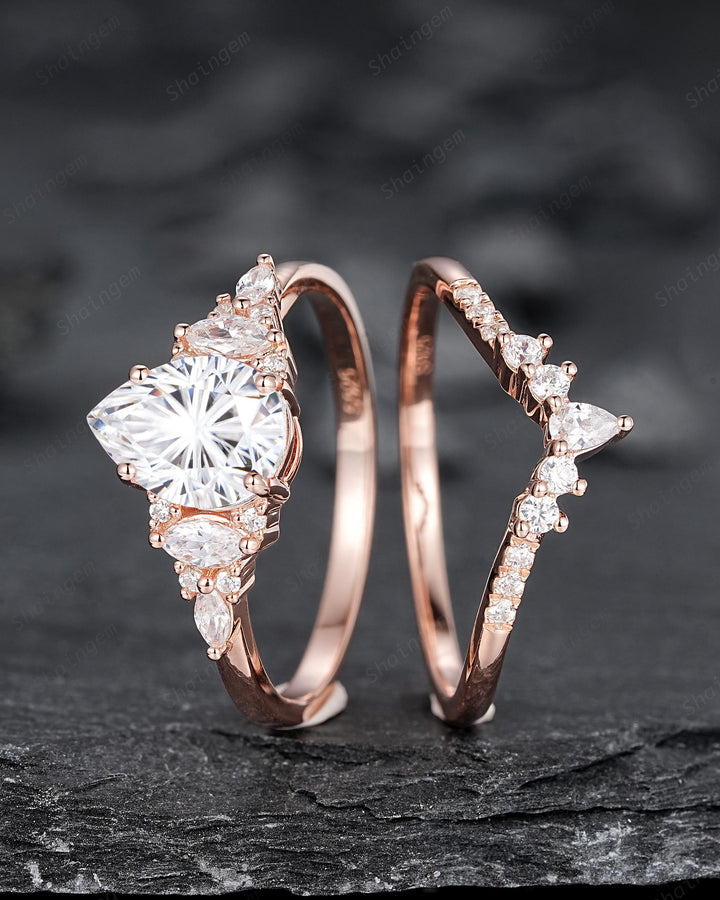 Unique Pear Shape Fireworks Cut Moissanite and Diamond Engagement Ring Rose Gold Wedding Ring Bridal Set V Shape Curved Promise Ring for her - ShainJewelry