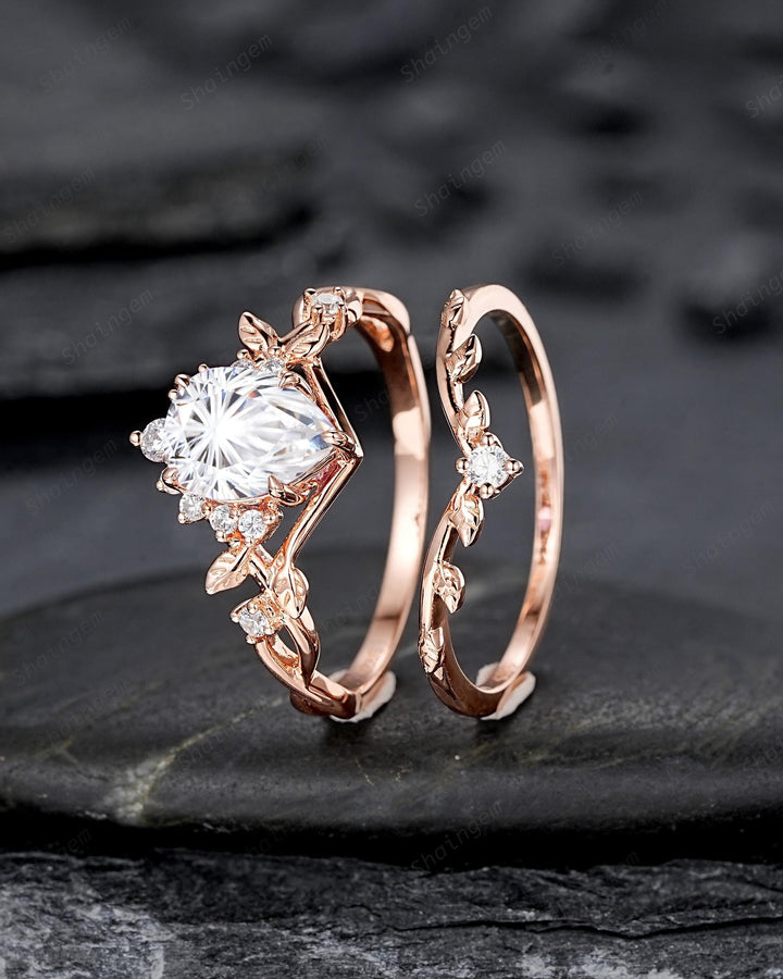Unique Pear Shape Fireworks Cut Moissanite Leaf Engagement Ring, Nature Inspired Rose Gold Twig Branch Vine Promise Wedding Ring for Women - ShainJewelry