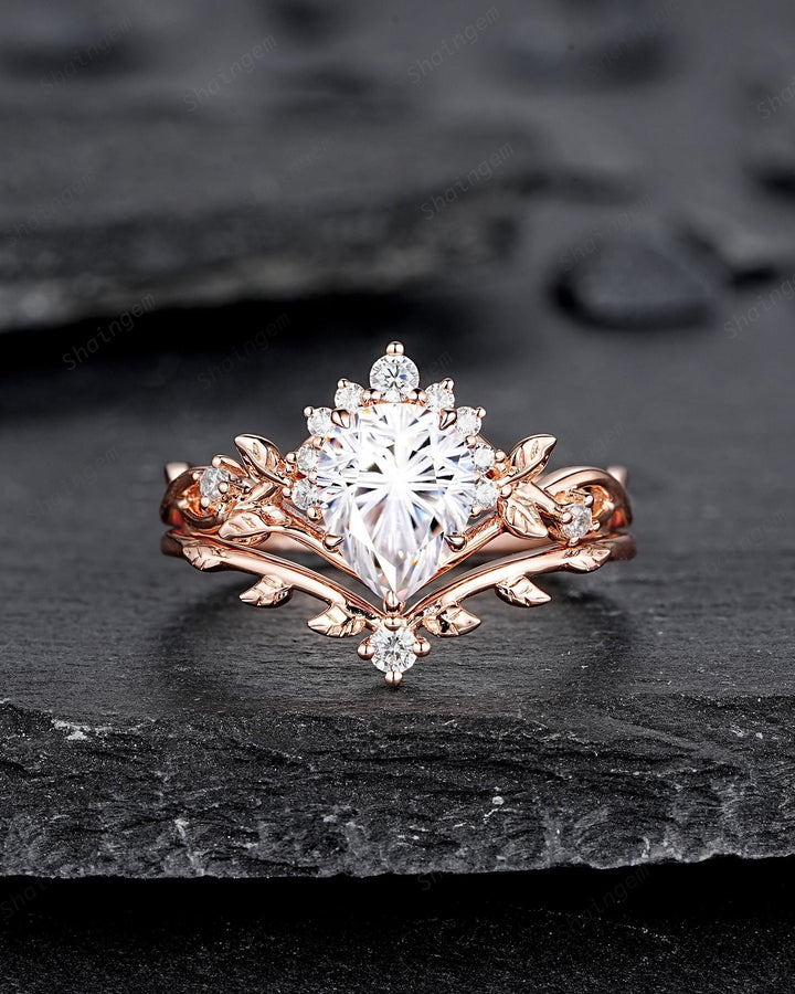 Unique Pear Shape Fireworks Cut Moissanite Leaf Engagement Ring, Nature Inspired Rose Gold Twig Branch Vine Promise Wedding Ring for Women - ShainJewelry