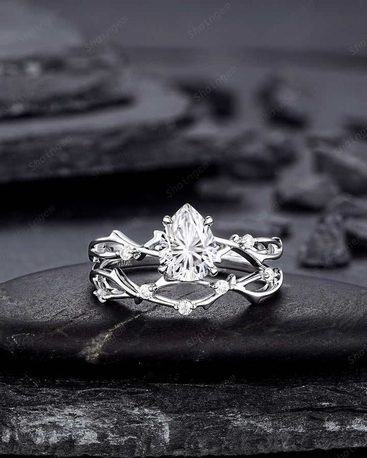 Platinum Pear Shape Fireworks Cut Moissanite Engagement Ring Unique White Gold Twig Branch Vine Wedding Set Nature Inspired Promise Ring - ShainJewelry