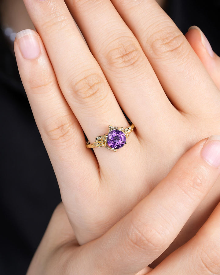 Yellow Gold Carnation January Birth Flower Round Amethyst Solitaire Engagement Ring, Unique Nature Inspired Leaf Promise Wedding Ring Women - ShainJewelry