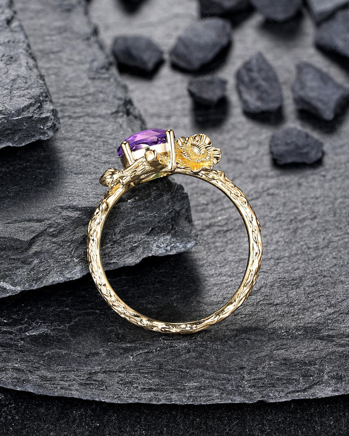 Yellow Gold Carnation January Birth Flower Round Amethyst Solitaire Engagement Ring, Unique Nature Inspired Leaf Promise Wedding Ring Women - ShainJewelry