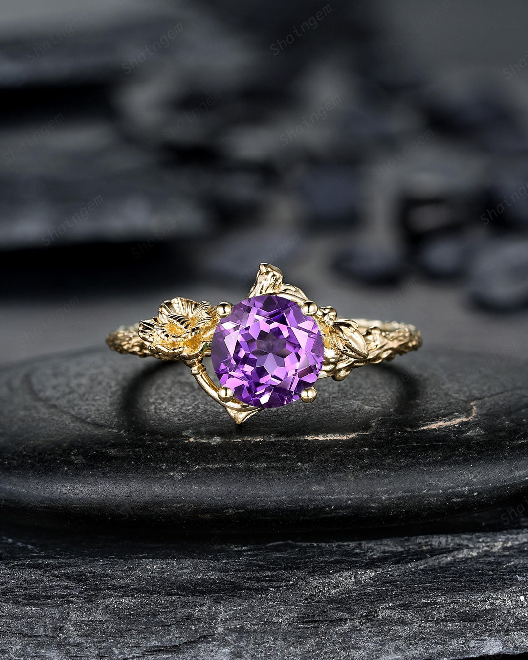 Yellow Gold Carnation January Birth Flower Round Amethyst Solitaire Engagement Ring, Unique Nature Inspired Leaf Promise Wedding Ring Women - ShainJewelry