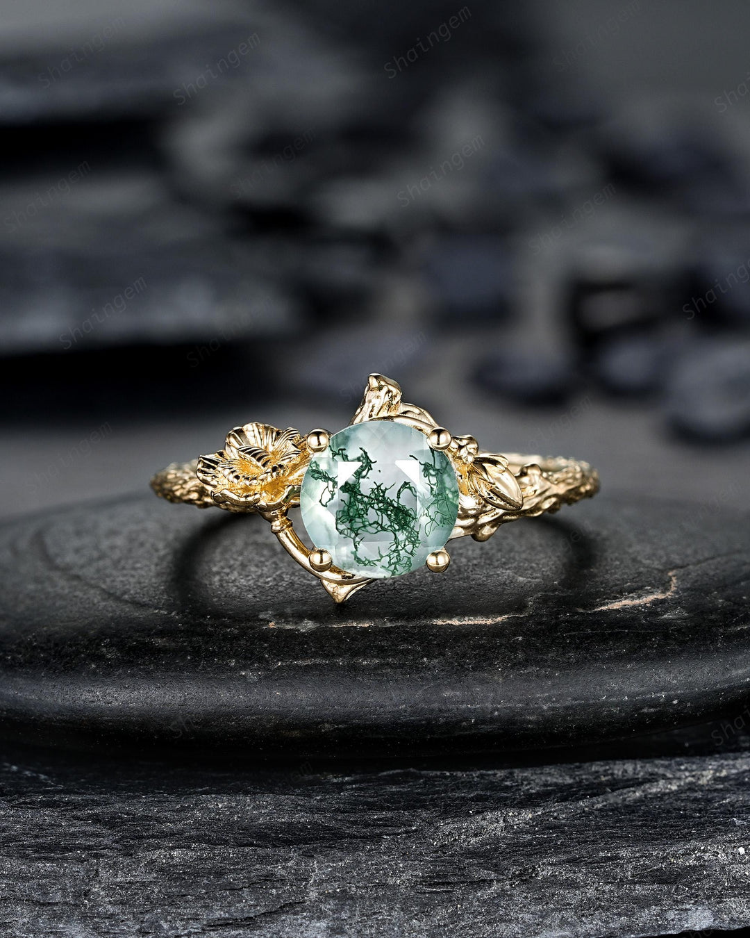 Yellow Gold Carnation January Flower Round Moss Agate Solitaire Engagement Ring Unique Nature Inspired Leaf Vine Promise Wedding Ring Gift - ShainJewelry
