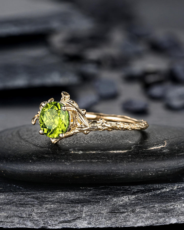 Unique Yellow Gold Lily May Birth Flower Round Peridot Solitaire Engagement Ring Nature Inspired Leaf Solitary Promise Wedding Ring Gift - ShainJewelry