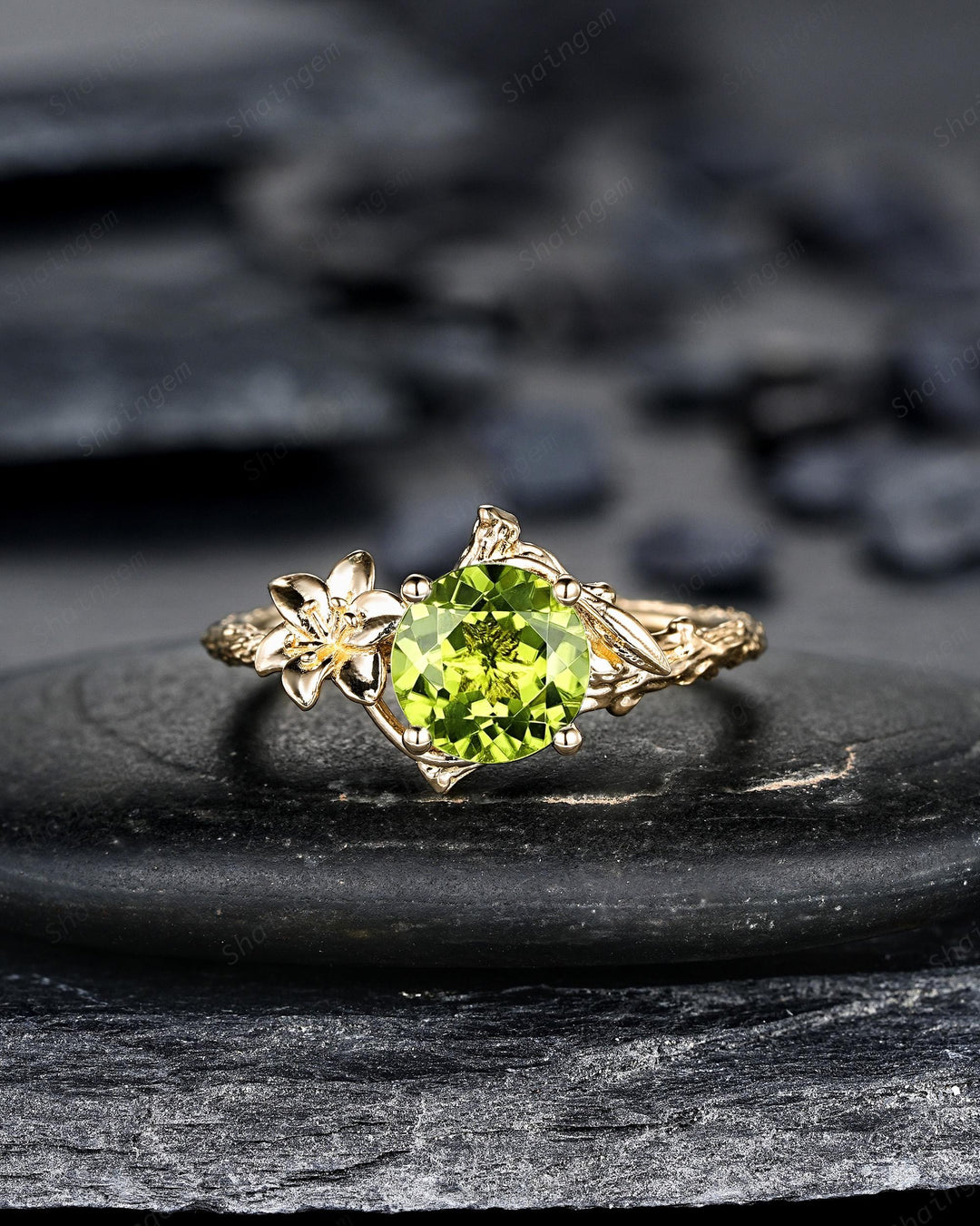 Unique Yellow Gold Lily May Birth Flower Round Peridot Solitaire Engagement Ring Nature Inspired Leaf Solitary Promise Wedding Ring Gift - ShainJewelry