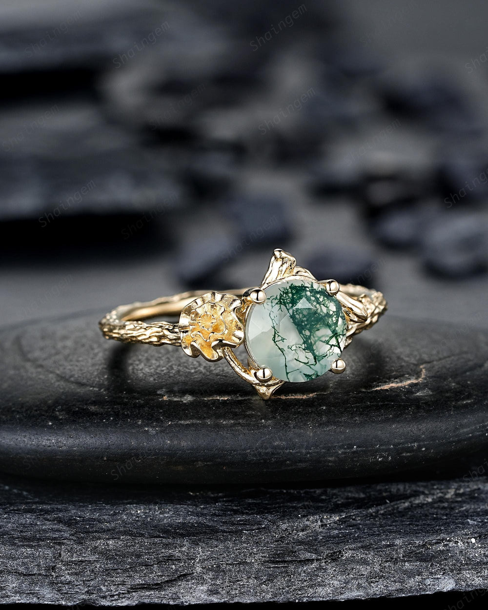 Yellow Gold Marigold October Birth Flower Round Moss Agate Solitaire Engagement Ring Nature Inspired Leaf Vine Promise Wedding Ring Woman - ShainJewelry