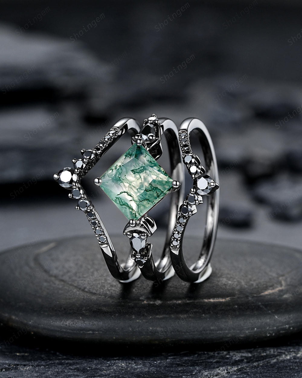 3PCS Gothic Black Princess Cut Moss Agate Crescent Engagement Ring Unique Goth Black Rhodium Moon Wedding Set Dark Promise Ring Gift Women - ShainJewelry