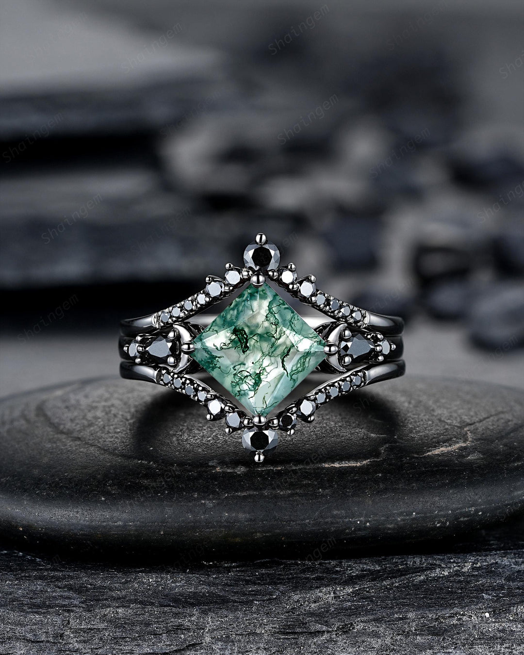 3PCS Gothic Black Princess Cut Moss Agate Crescent Engagement Ring Unique Goth Black Rhodium Moon Wedding Set Dark Promise Ring Gift Women - ShainJewelry