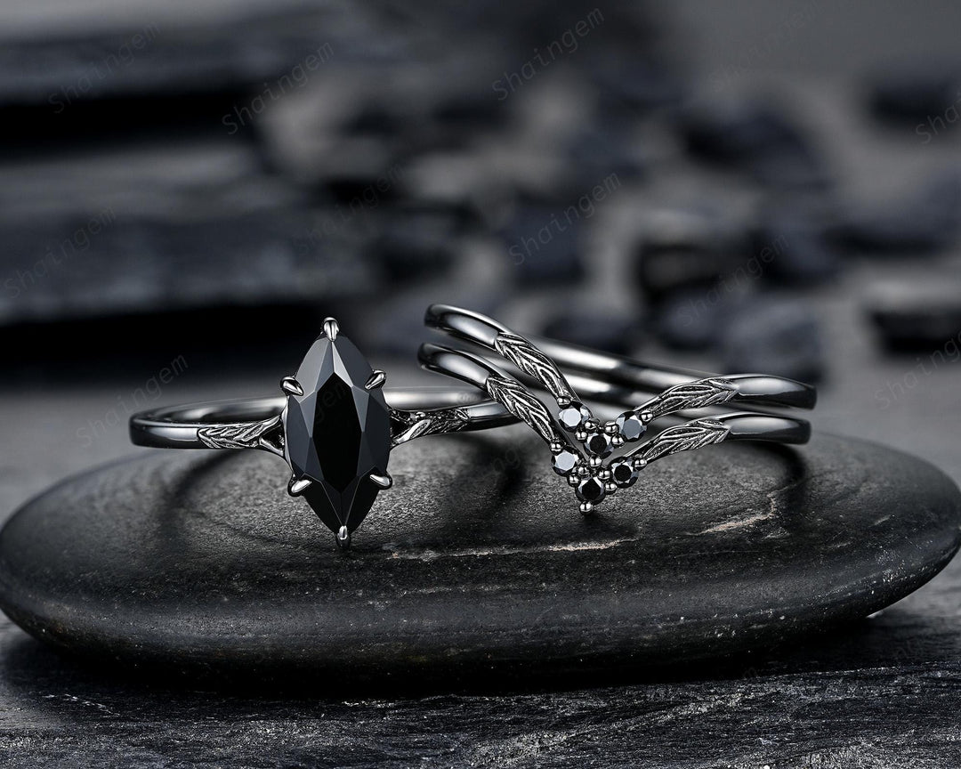 3PCS Black Gold Marquise Cut Black Onyx Engagement Ring Set, Gothic Punk Black Rhodium Engraved Leaf Solitary Wedding Set Promise Ring Gift - ShainJewelry