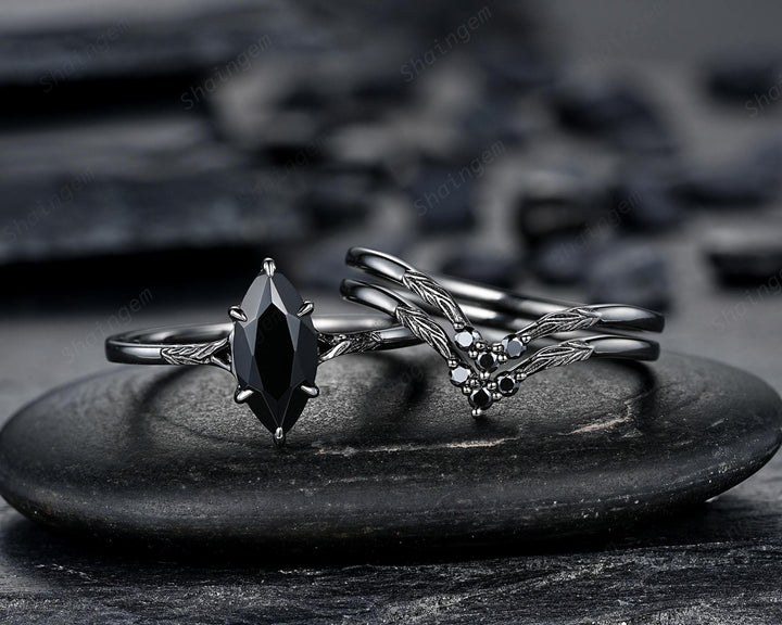 3PCS Black Gold Marquise Cut Black Onyx Engagement Ring Set, Gothic Punk Black Rhodium Engraved Leaf Solitary Wedding Set Promise Ring Gift - ShainJewelry
