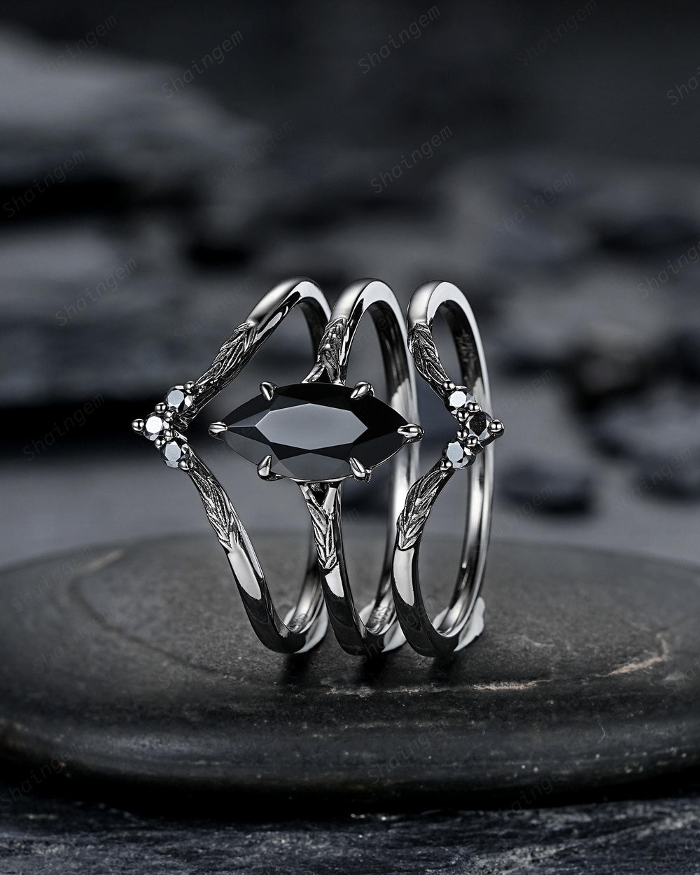3PCS Black Gold Marquise Cut Black Onyx Engagement Ring Set, Gothic Punk Black Rhodium Engraved Leaf Solitary Wedding Set Promise Ring Gift - ShainJewelry