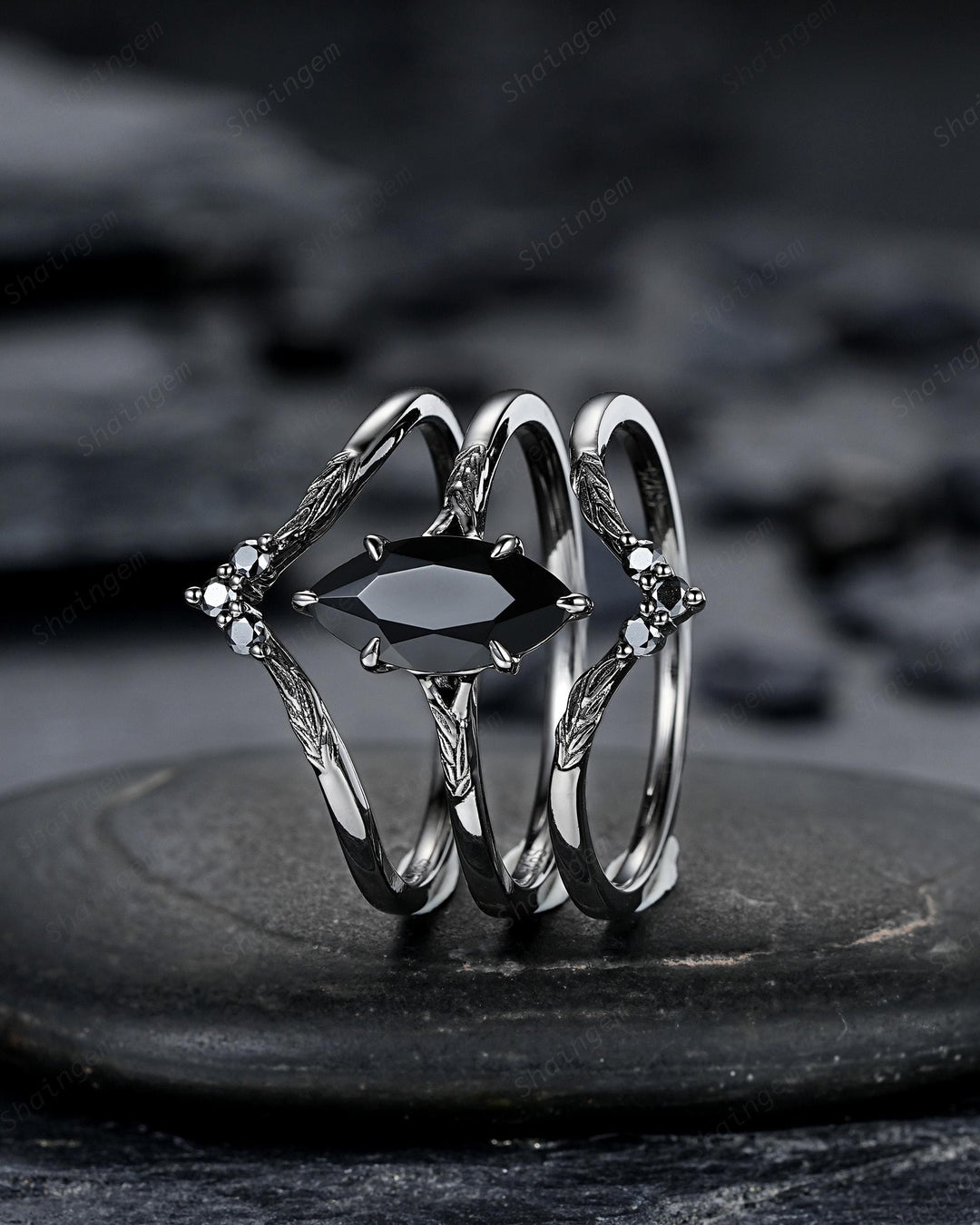 3PCS Black Gold Marquise Cut Black Onyx Engagement Ring Set, Gothic Punk Black Rhodium Engraved Leaf Solitary Wedding Set Promise Ring Gift - ShainJewelry