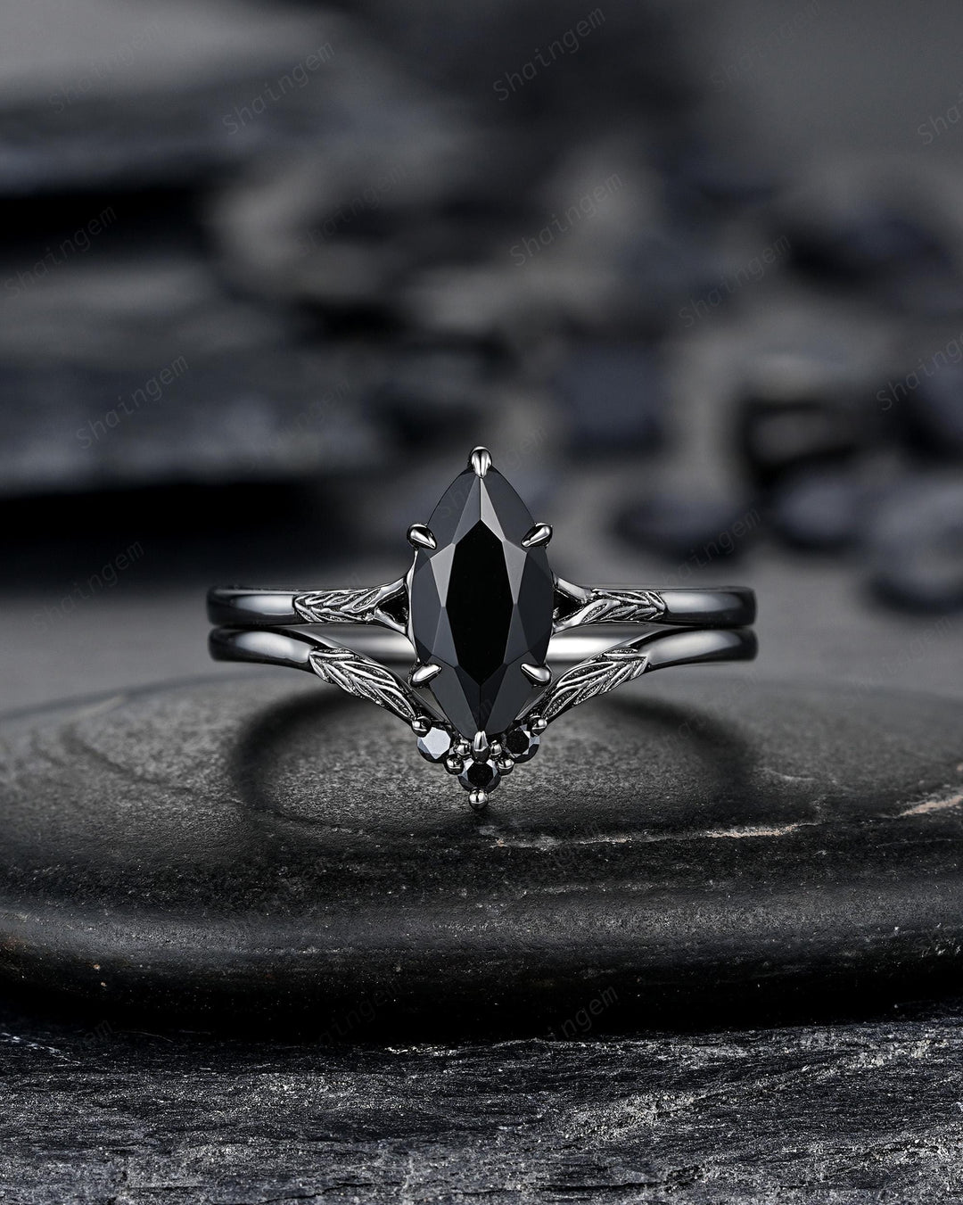 3PCS Black Gold Marquise Cut Black Onyx Engagement Ring Set, Gothic Punk Black Rhodium Engraved Leaf Solitary Wedding Set Promise Ring Gift - ShainJewelry