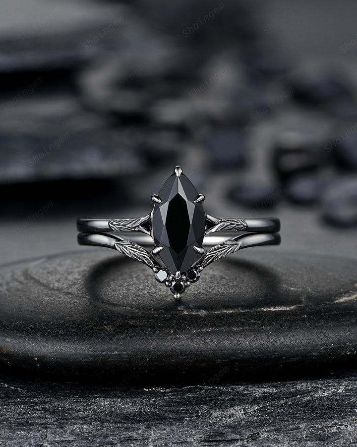 3PCS Black Gold Marquise Cut Black Onyx Engagement Ring Set, Gothic Punk Black Rhodium Engraved Leaf Solitary Wedding Set Promise Ring Gift - ShainJewelry
