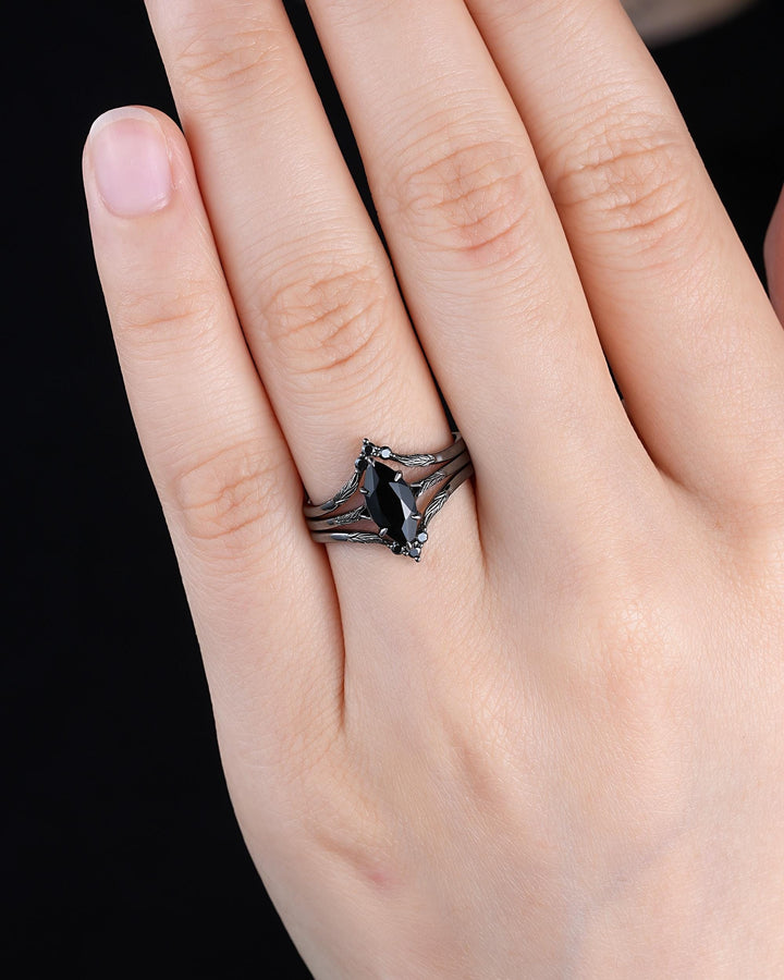 3PCS Black Gold Marquise Cut Black Onyx Engagement Ring Set, Gothic Punk Black Rhodium Engraved Leaf Solitary Wedding Set Promise Ring Gift - ShainJewelry
