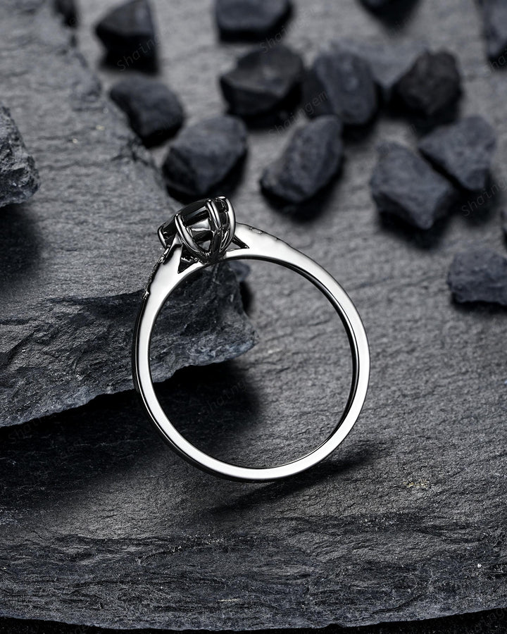3PCS Black Gold Marquise Cut Black Onyx Engagement Ring Set, Gothic Punk Black Rhodium Engraved Leaf Solitary Wedding Set Promise Ring Gift - ShainJewelry
