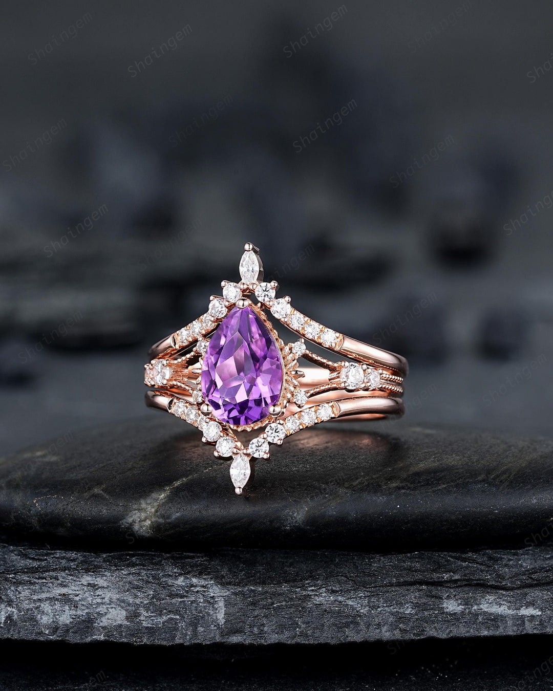 3PCS Pear Shape Natural Purple Amethyst Engagement Ring Set, Vintage Rose Gold Promise Wedding Ring Gift for Women, February Birthstone Gift - ShainJewelry
