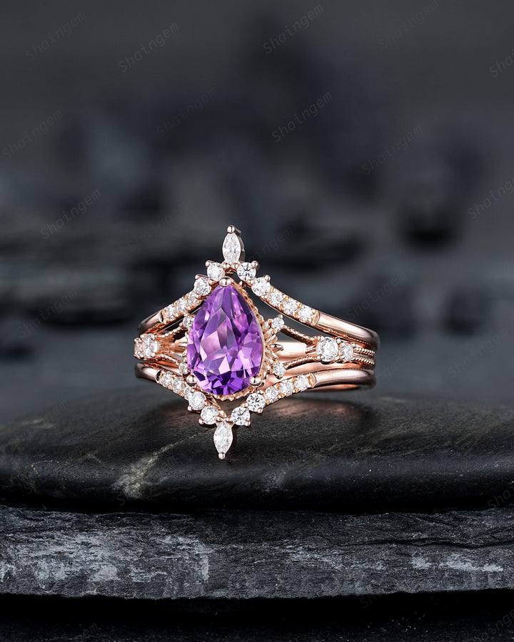 3PCS Pear Shape Natural Purple Amethyst Engagement Ring Set, Vintage Rose Gold Promise Wedding Ring Gift for Women, February Birthstone Gift - ShainJewelry